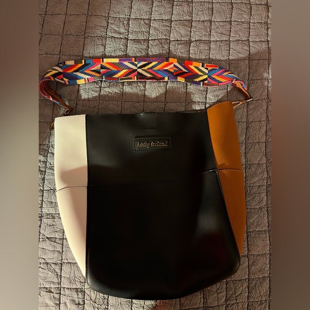 Kathy Ireland Black White Brown Bucket Bag with Funky Multi Pattern Strap